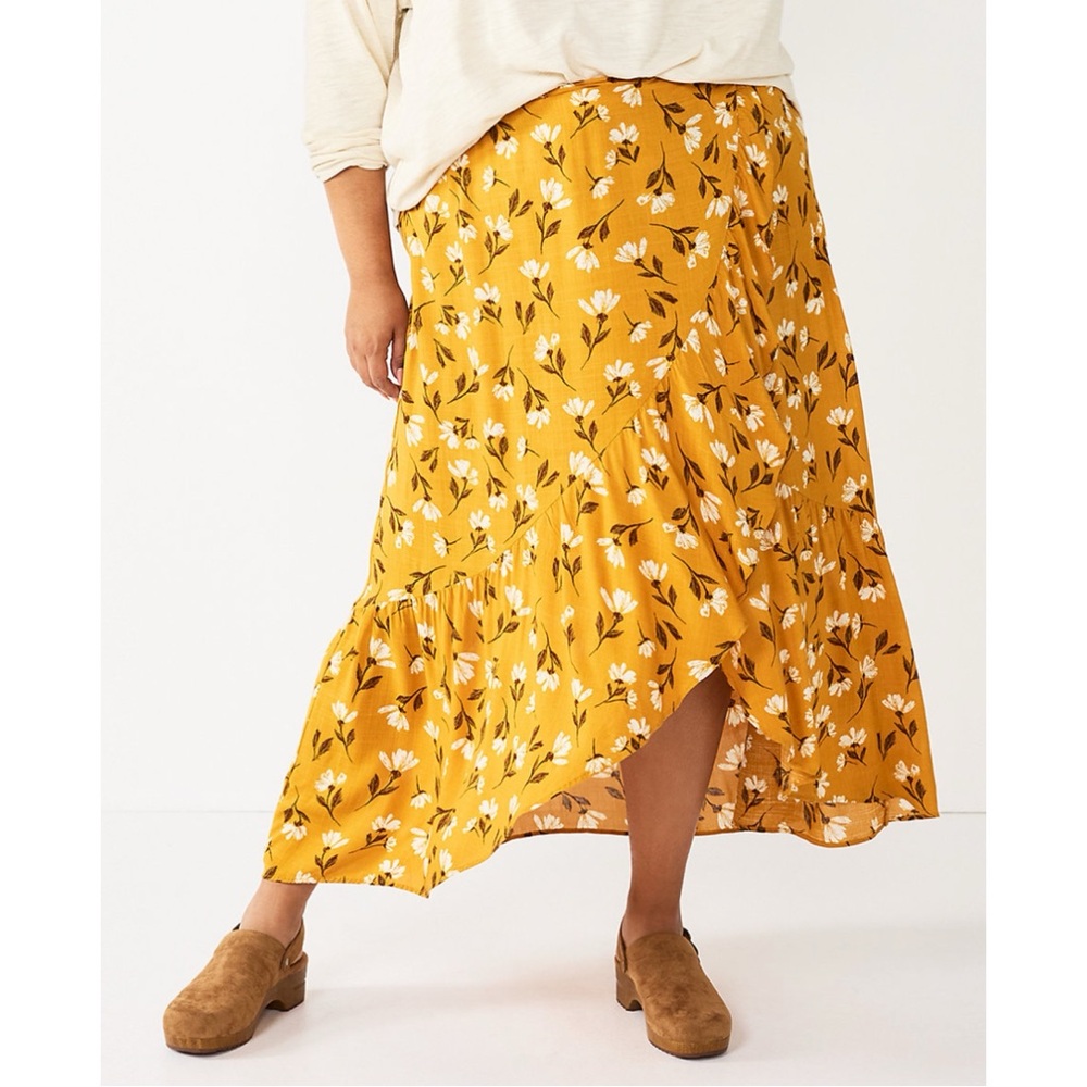 NWT Sonoma Wrap Ruffle Maxi Skirt Gold Floral Plus Size 3X